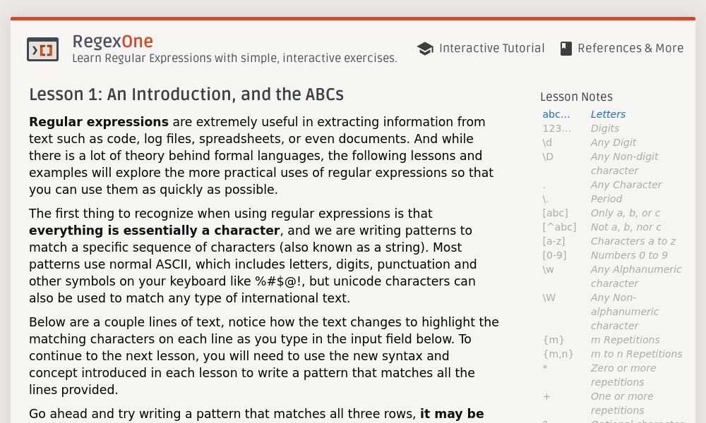 Screenshot of RegexOne